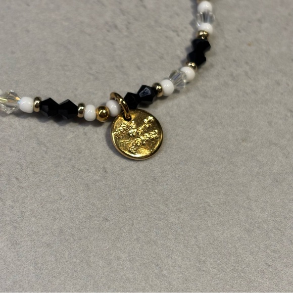 Black and White Little Words Project Beaded Bracelet with Gold Charm - Picture 2 of 2